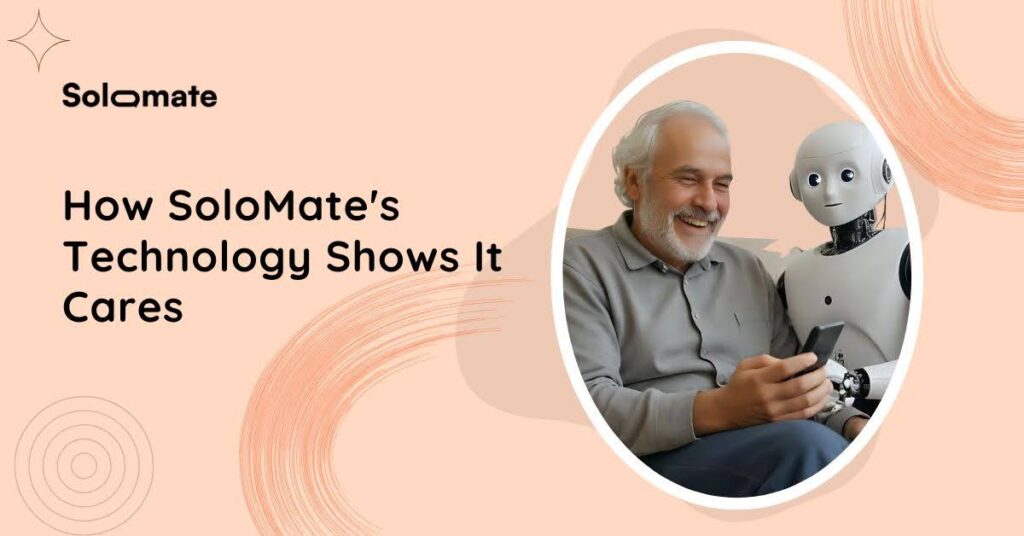SoloMate AI companion robot sitting with an older user, demonstrating how SoloMate's technology provides care and companionship.