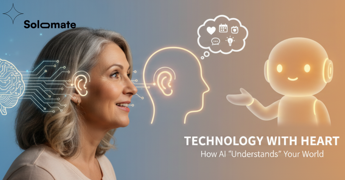 llustrating showing how AI understands human thoughts and emotions, featuring a woman, brain connections, a listening ear, and a caring AI robot.